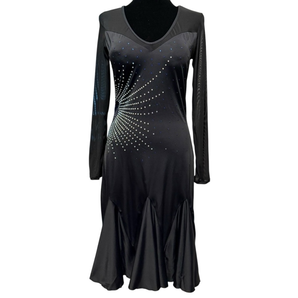 Dance & Sway Black Latin Ballroom Competition Dance Dress Sheer Rhinestones Lg